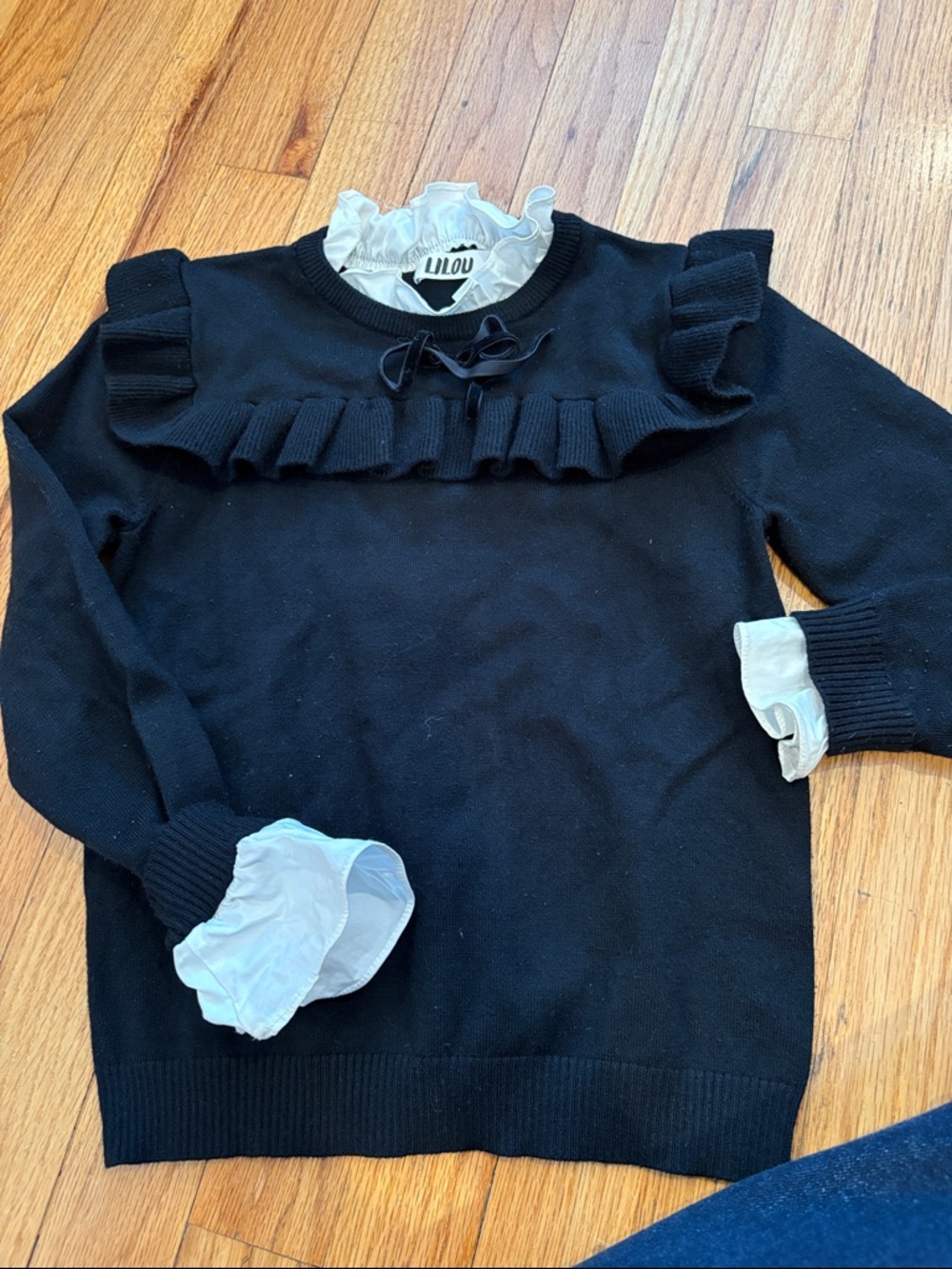 Lilou Black Ruffle-Trim Girls Sweater